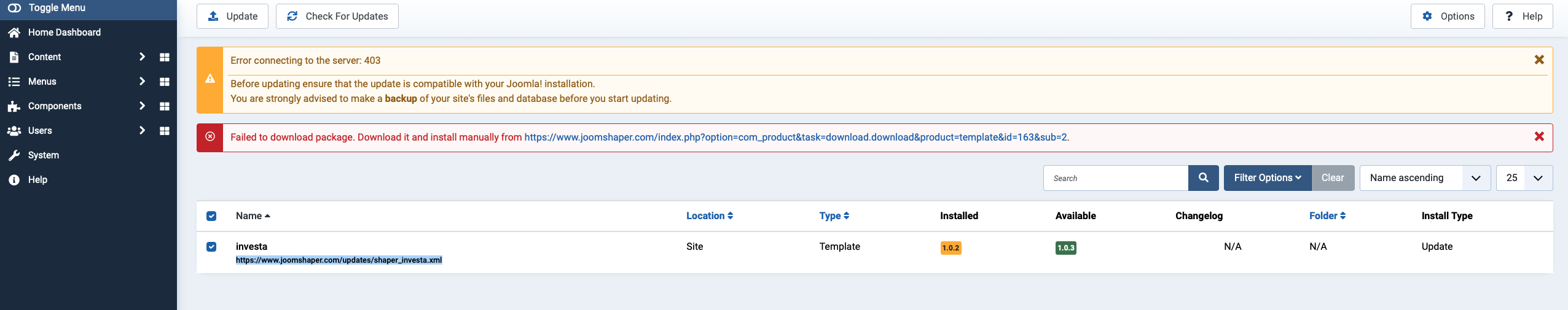 Screenshot of error